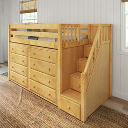 GALANT3 NP : Storage & Study Loft Beds Twin Mid Loft Bed with Stairs + Storage, Panel, Natural