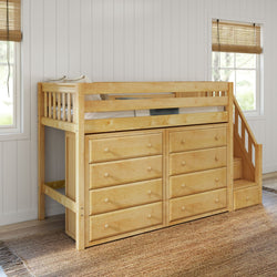 GALANT3 NS : Storage & Study Loft Beds Twin Mid Loft Bed with Stairs + Storage, Slat, Natural