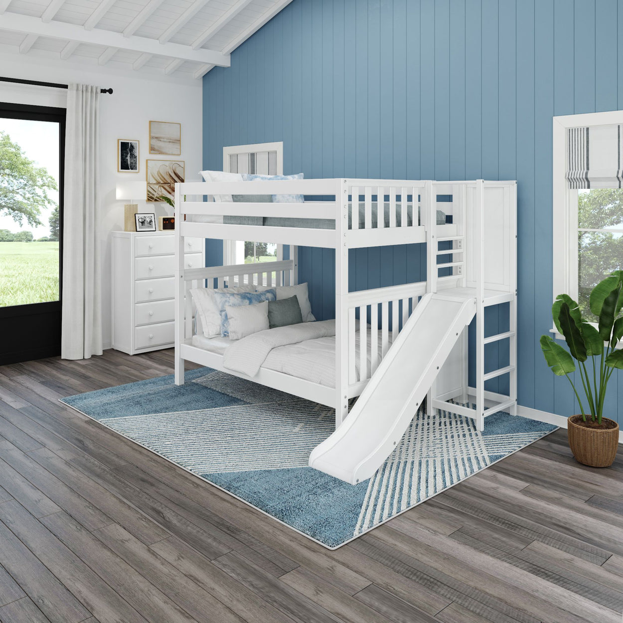 GAMUT WS : Play Bunk Beds Full High Bunk Bed with Slide Platform, Slat, White