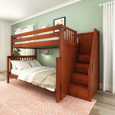 GLADIATOR XL CS : Staggered Bunk Beds High Full XL over Queen Bunk Bed with Stairs, Slat, Chestnut