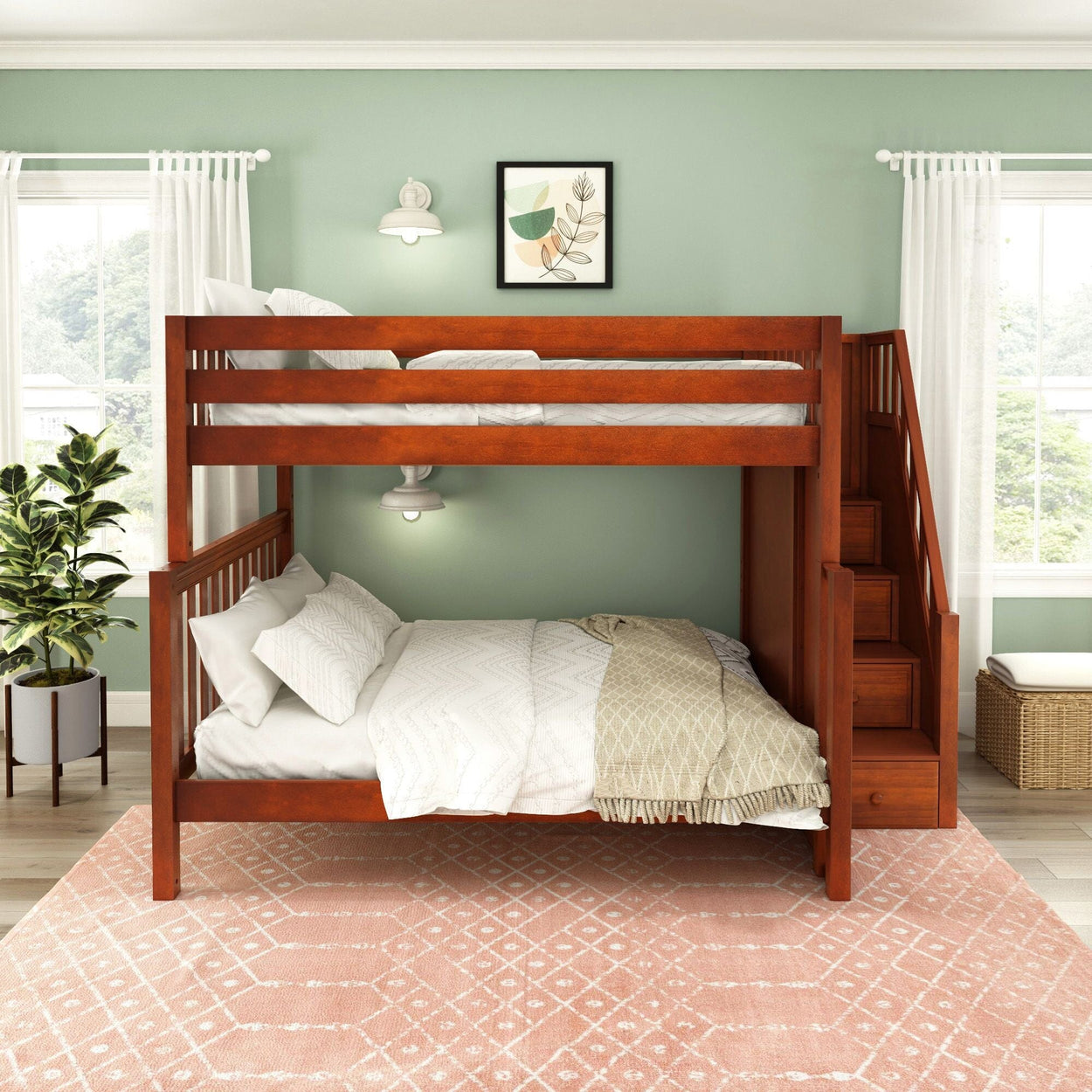 GLADIATOR XL CS : Staggered Bunk Beds High Full XL over Queen Bunk Bed with Stairs, Slat, Chestnut