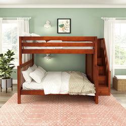 GLADIATOR XL CS : Staggered Bunk Beds High Full XL over Queen Bunk Bed with Stairs, Slat, Chestnut