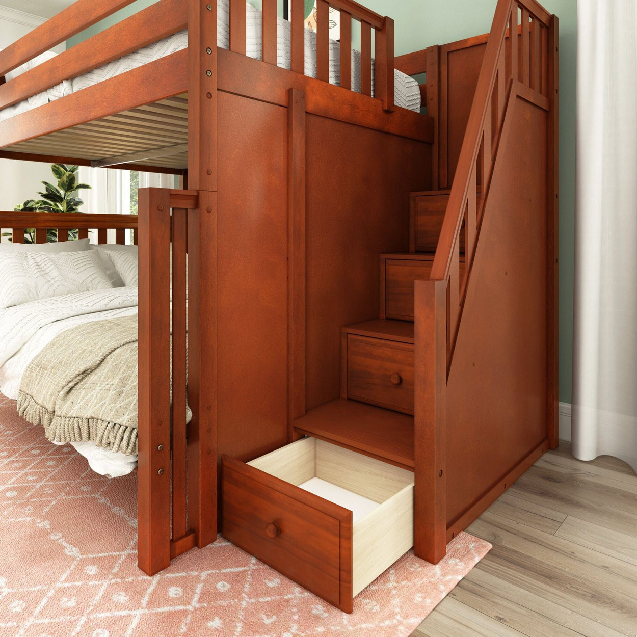 GLADIATOR XL CS : Staggered Bunk Beds High Full XL over Queen Bunk Bed with Stairs, Slat, Chestnut