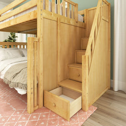 GLADIATOR XL NS : Staggered Bunk Beds High Full XL over Queen Bunk Bed with Stairs, Slat, Natural