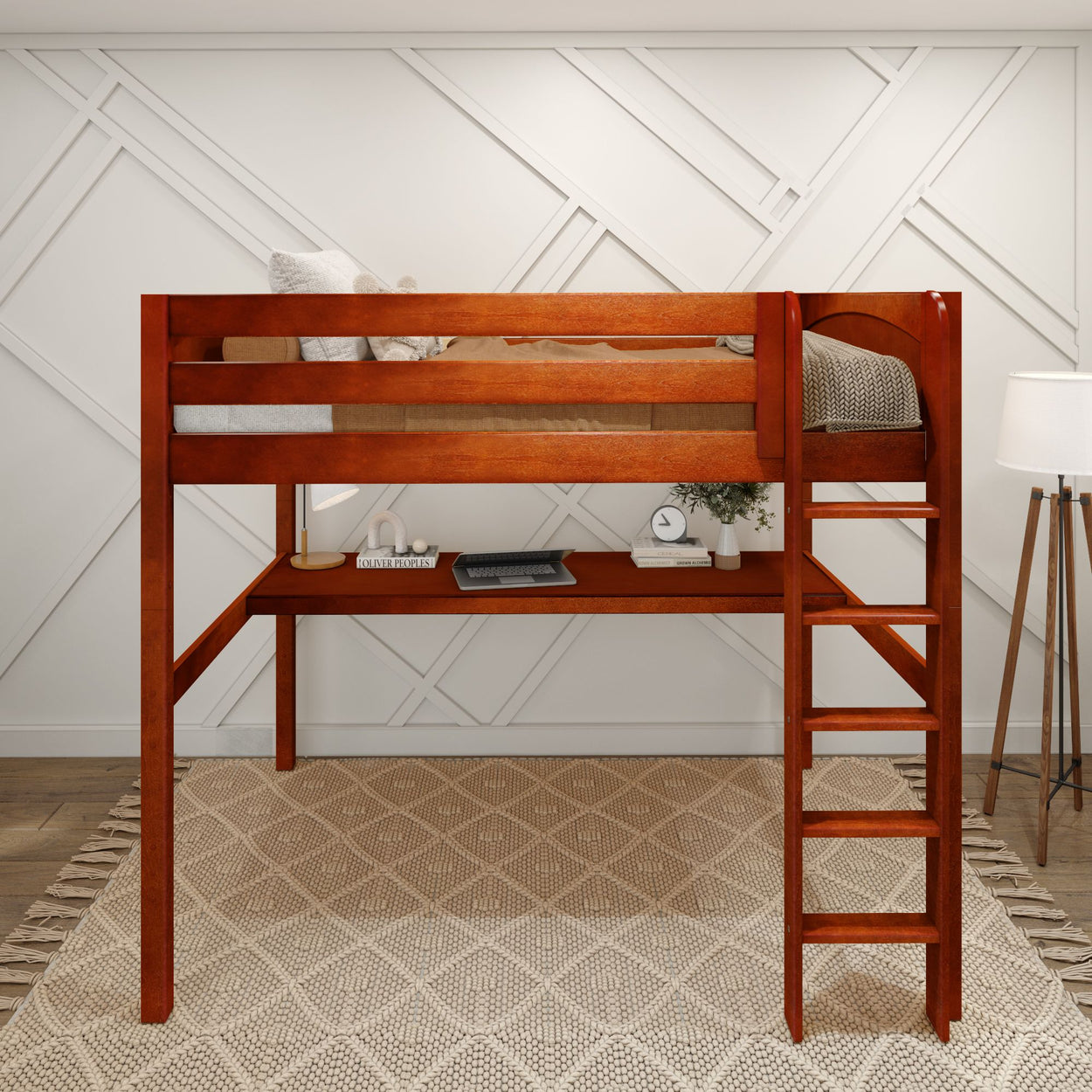 GRAND1 CP : Study Loft Beds Full High Loft Bed with Straight Ladder + Desk, Panel, Chestnut