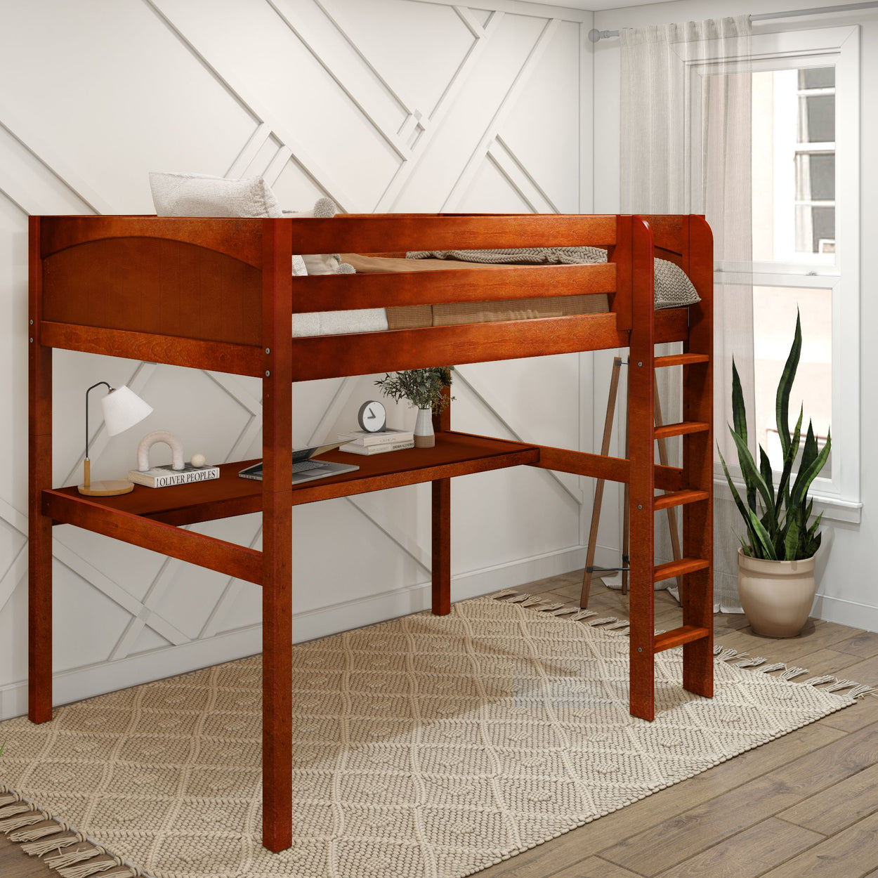 GRAND1 CP : Study Loft Beds Full High Loft Bed with Straight Ladder + Desk, Panel, Chestnut