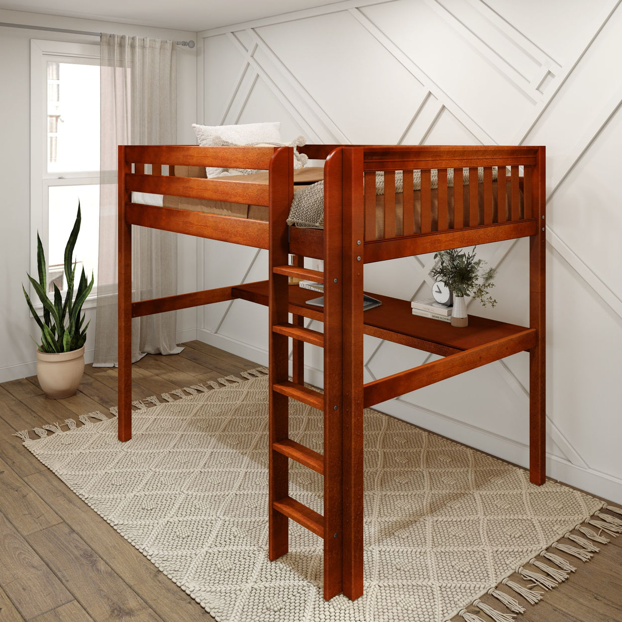 GRAND1 CS : Loft Bed Full High Loft Bed with Straight Ladder + Desk, Slat, Chestnut