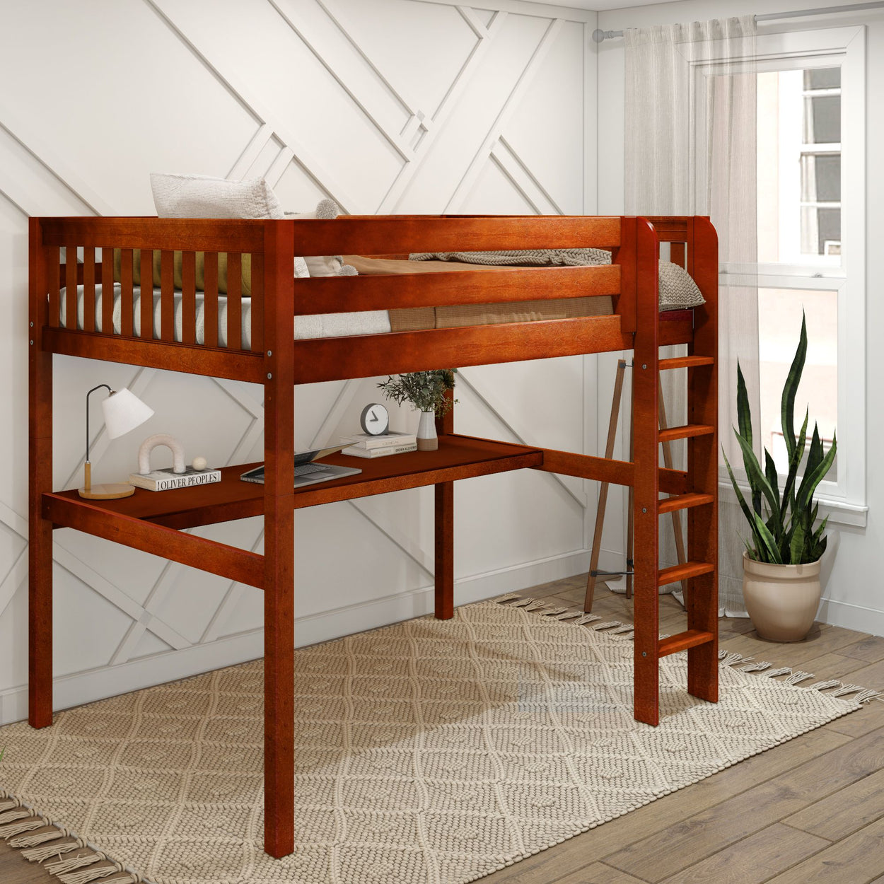 GRAND1 CS : Loft Bed Full High Loft Bed with Straight Ladder + Desk, Slat, Chestnut