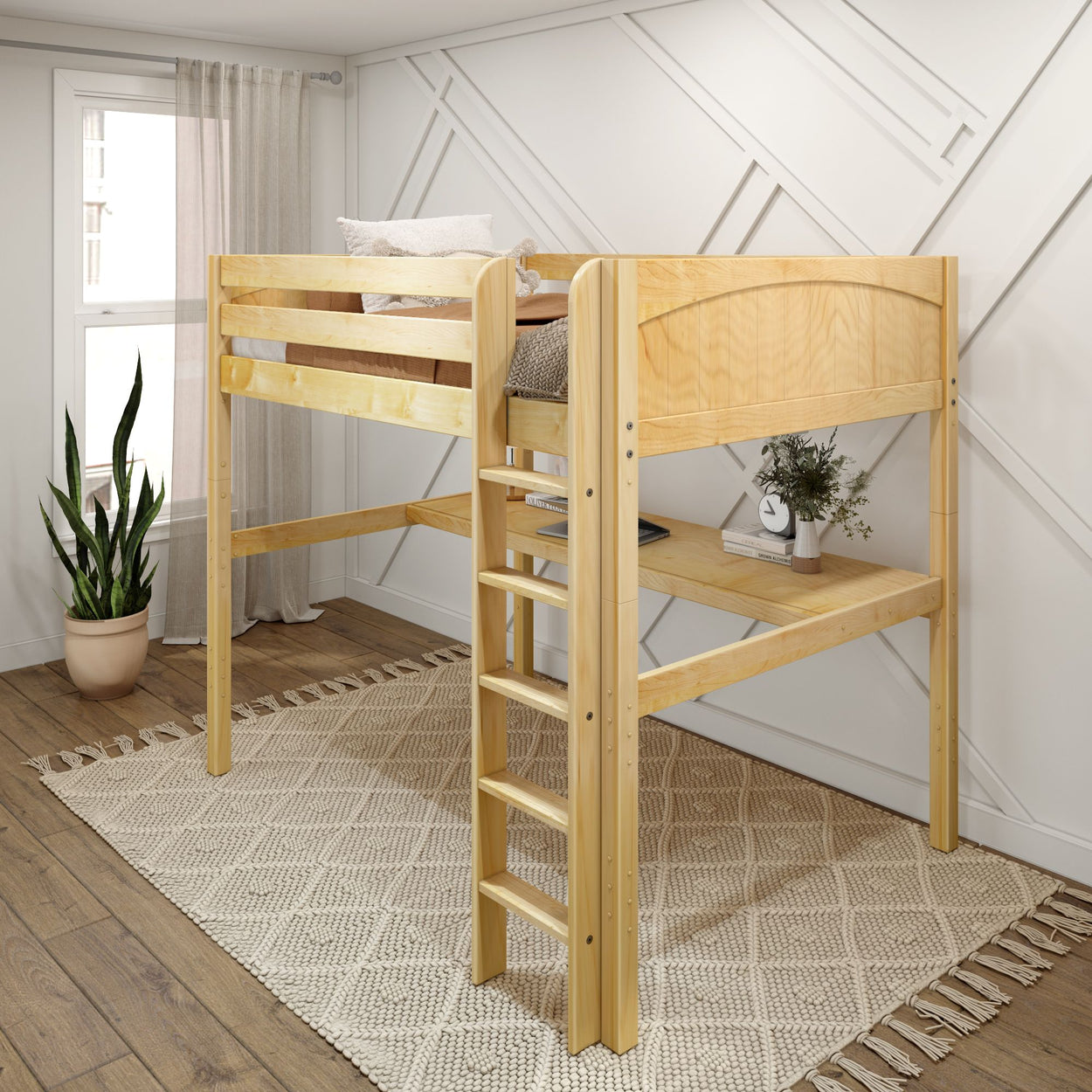 GRAND1 NP : Study Loft Beds Full High Loft Bed with Straight Ladder + Desk, Panel, Natural