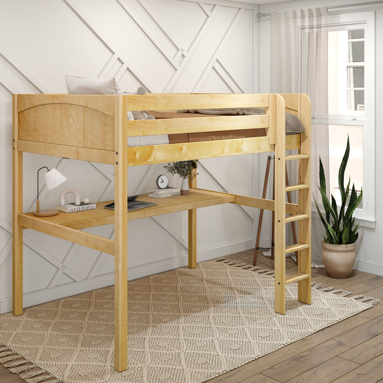 GRAND1 NP : Study Loft Beds Full High Loft Bed with Straight Ladder + Desk, Panel, Natural