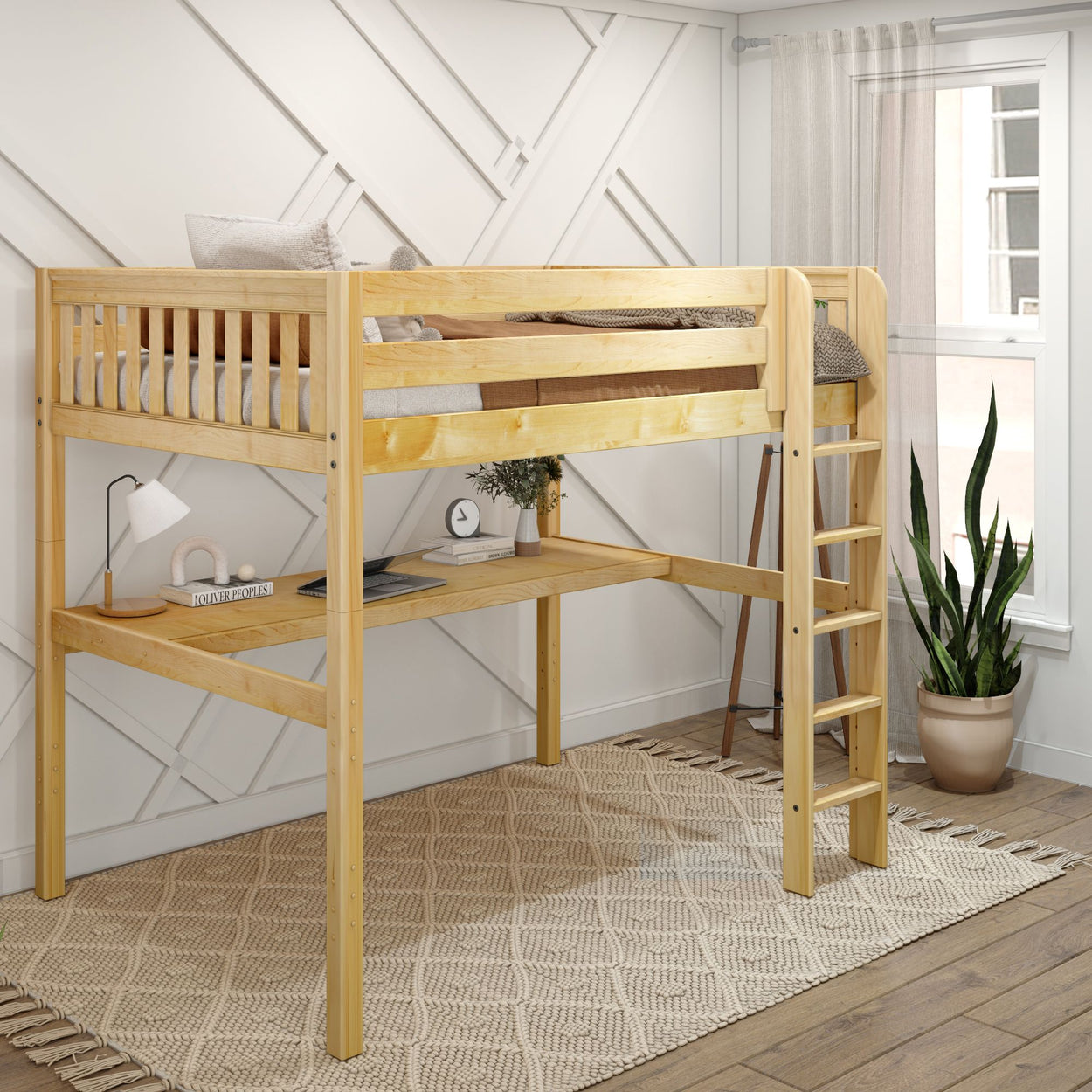 GRAND1 NS : Loft Bed Full High Loft Bed with Straight Ladder + Desk, Slat, Natural