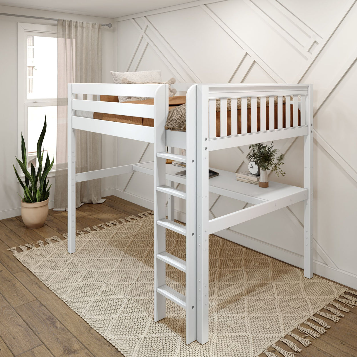 GRAND1 WS : Storage & Study Loft Beds Full High Loft Bed with Straight Ladder + Desk, Slat, White