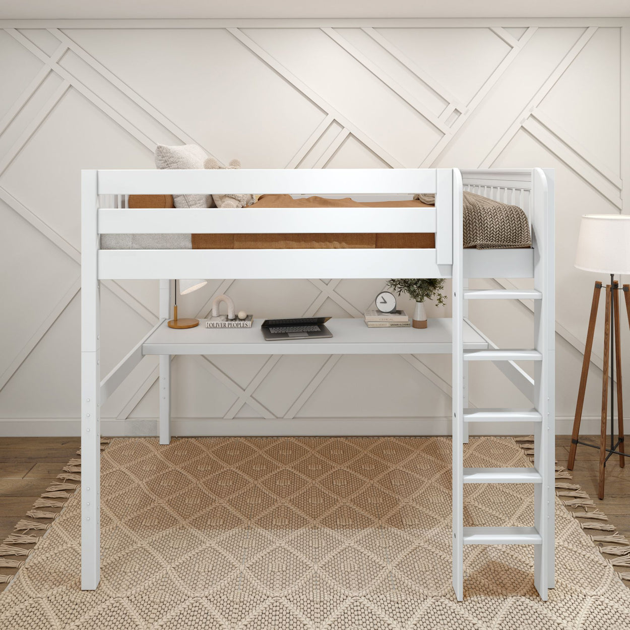 GRAND1 WS : Storage & Study Loft Beds Full High Loft Bed with Straight Ladder + Desk, Slat, White