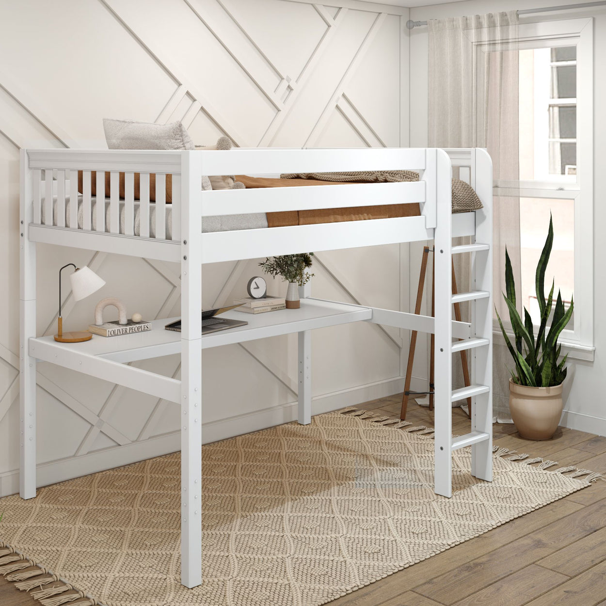 GRAND1 WS : Storage & Study Loft Beds Full High Loft Bed with Straight Ladder + Desk, Slat, White