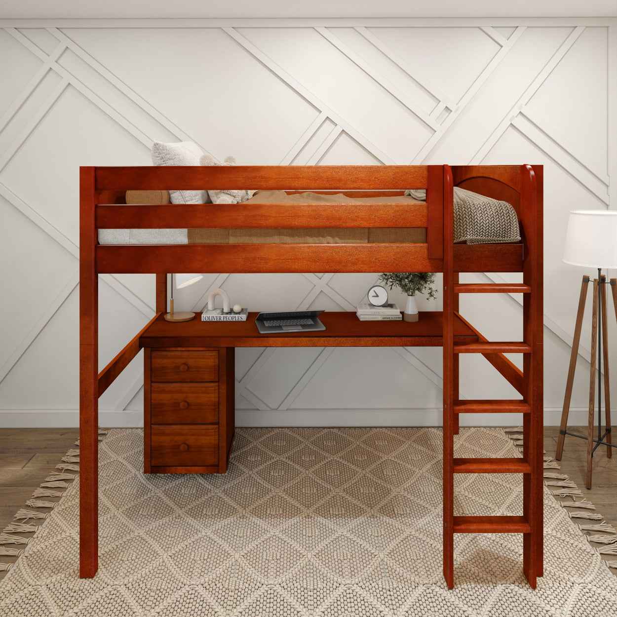 GRAND2 CP : Storage & Study Loft Beds Full High Loft Bed with Straight Ladder + Desk, Panel, Chestnut