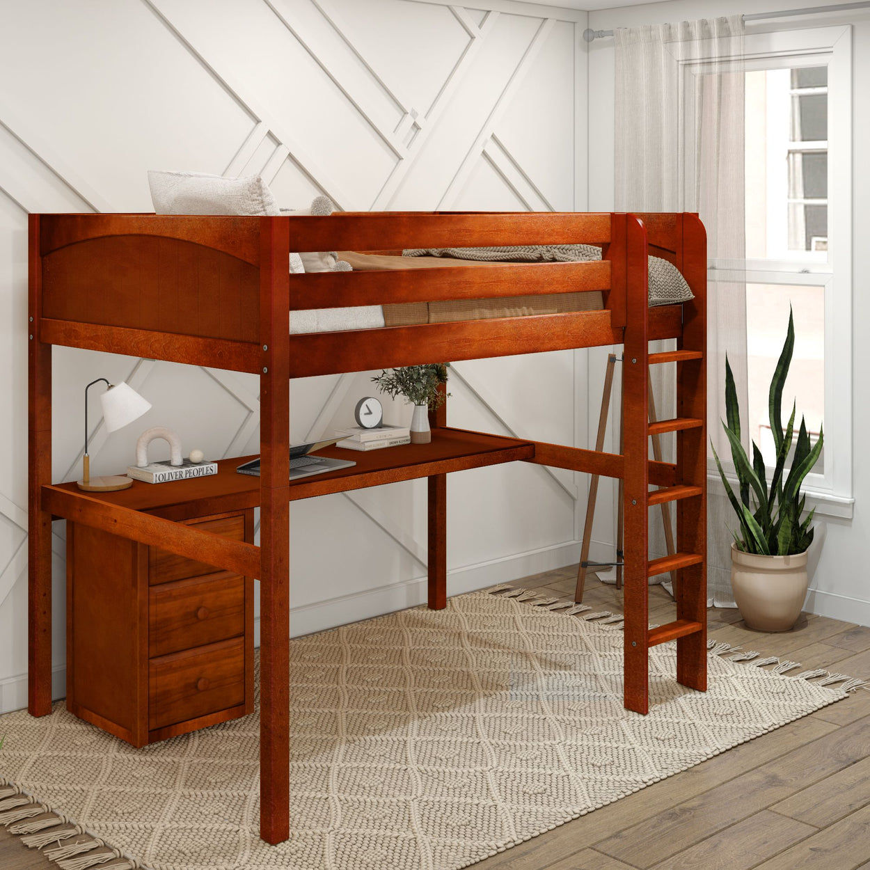 GRAND2 CP : Storage & Study Loft Beds Full High Loft Bed with Straight Ladder + Desk, Panel, Chestnut