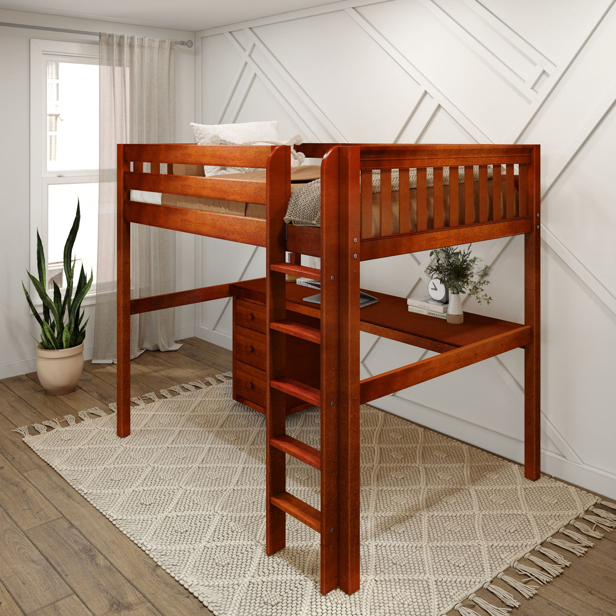 GRAND2 CS : Storage & Study Loft Beds Full High Loft Bed with Straight Ladder + Desk, Slat, Chestnut