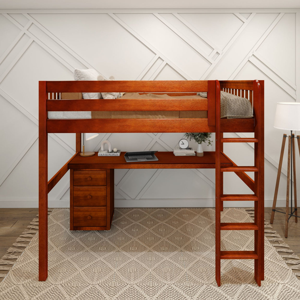 GRAND2 CS : Study Loft Beds Full High Loft Bed with Straight Ladder + Desk, Slat, Chestnut