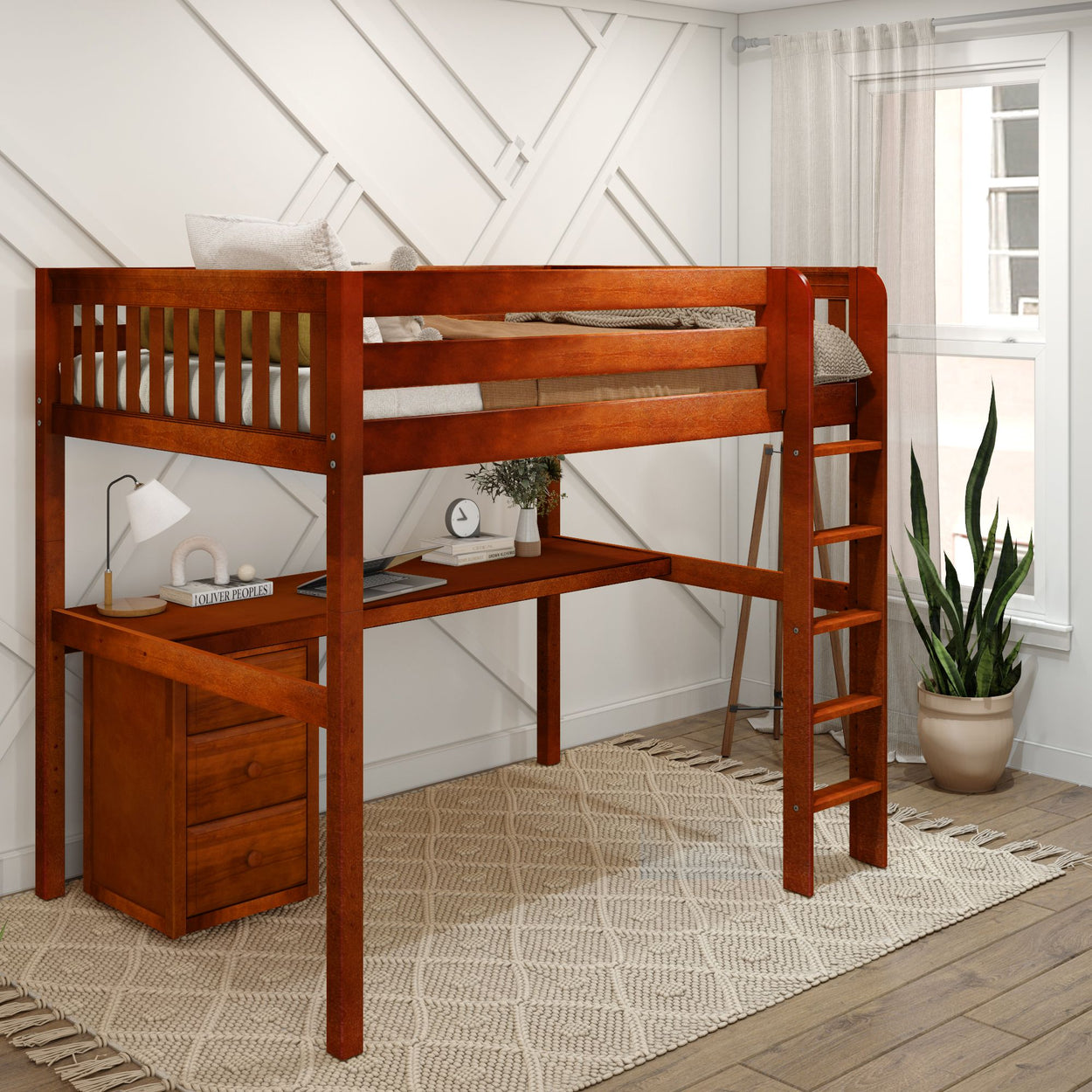 GRAND2 CS : Storage & Study Loft Beds Full High Loft Bed with Straight Ladder + Desk, Slat, Chestnut