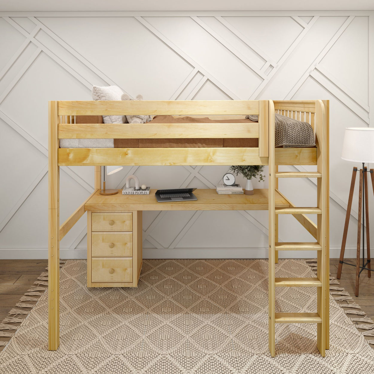 GRAND2 NS : Storage & Study Loft Beds Full High Loft Bed with Straight Ladder + Desk, Slat, Natural