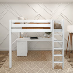 GRAND2 WP : Storage & Study Loft Beds Full High Loft Bed with Straight Ladder + Desk, Panel, White