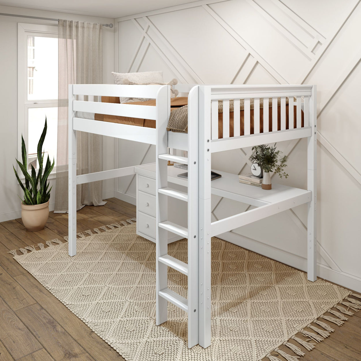 GRAND2 WS : Study Loft Beds Full High Loft Bed with Straight Ladder + Desk, Slat, White