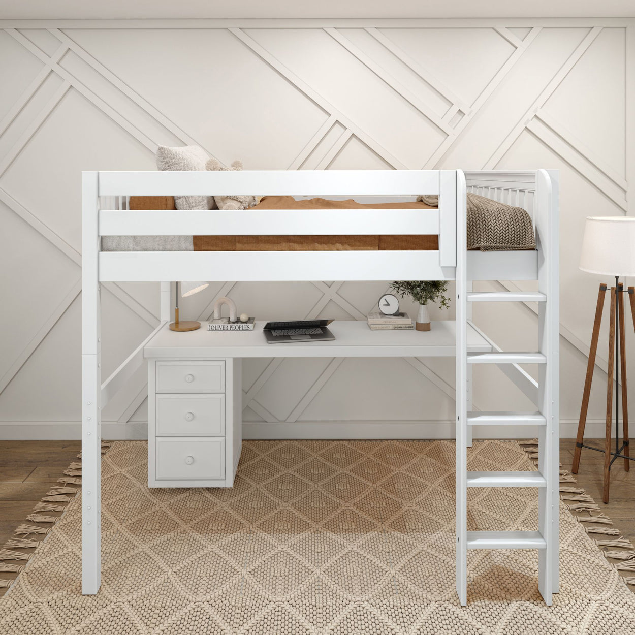 GRAND2 WS : Study Loft Beds Full High Loft Bed with Straight Ladder + Desk, Slat, White