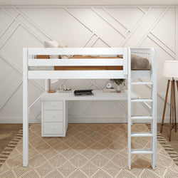 GRAND2 WS : Study Loft Beds Full High Loft Bed with Straight Ladder + Desk, Slat, White