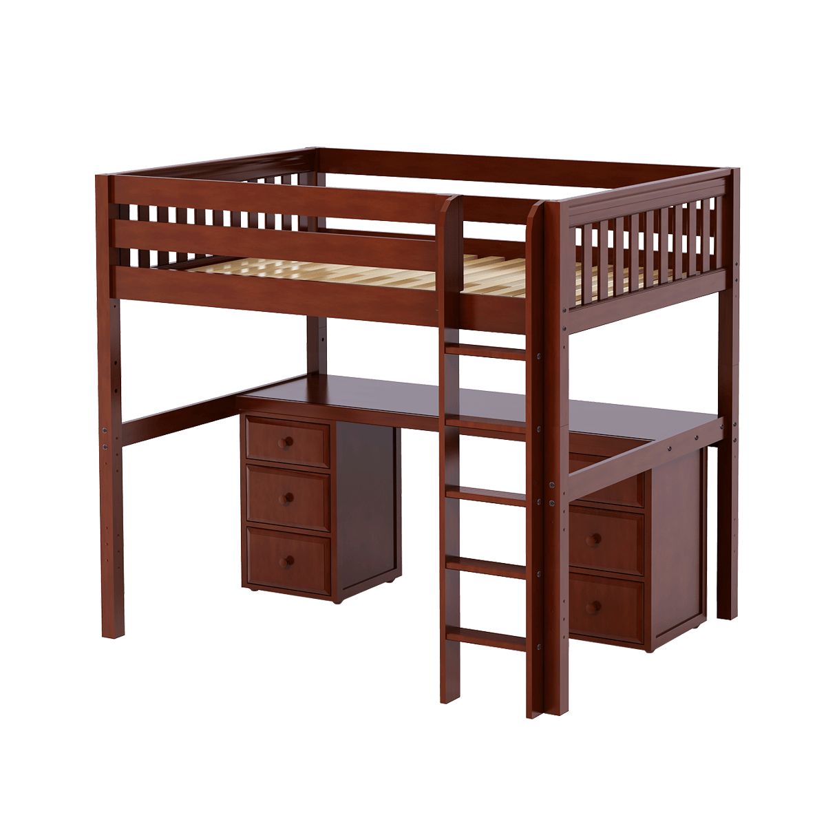 GRAND3 CS : Study Loft Beds Full High Loft Bed with Straight Ladder + Desk, Slat, Chestnut