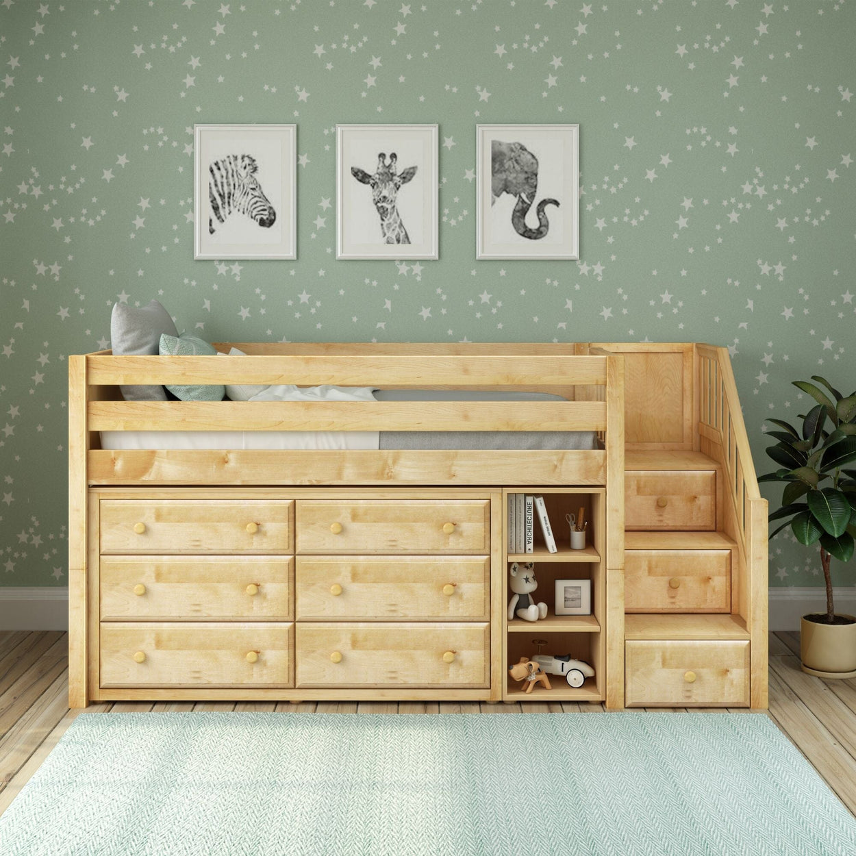 GREAT1 NP : Study Loft Beds Staircase Low Loft Bed with Bookshelf & 2 Dressers, Twin, Panel, Natural