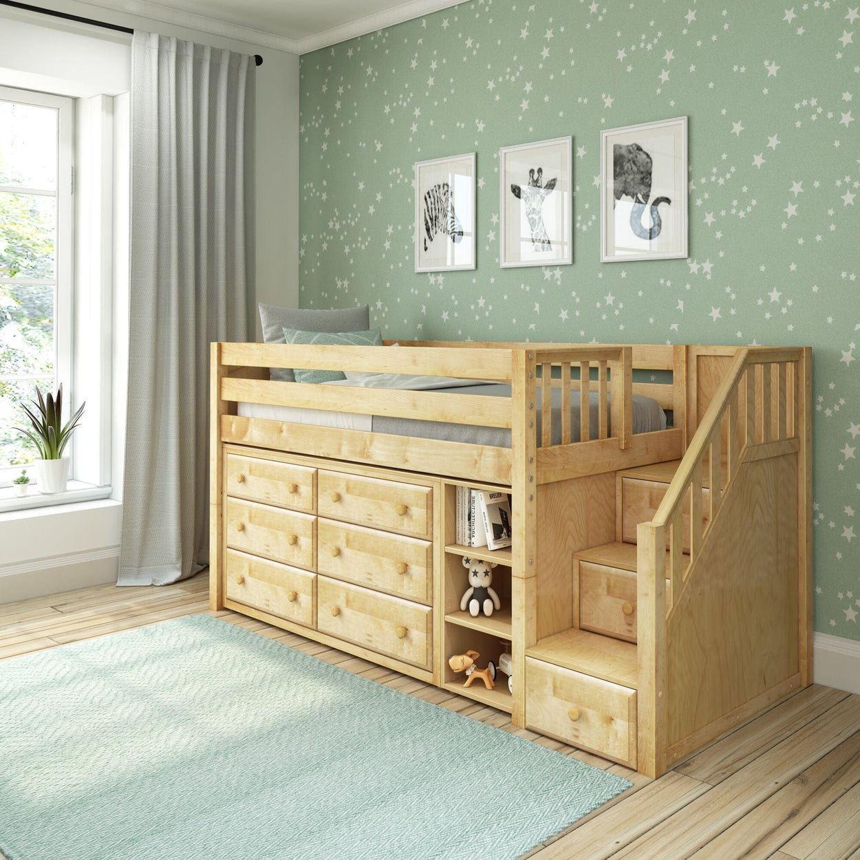 GREAT1 NP : Study Loft Beds Staircase Low Loft Bed with Bookshelf & 2 Dressers, Twin, Panel, Natural