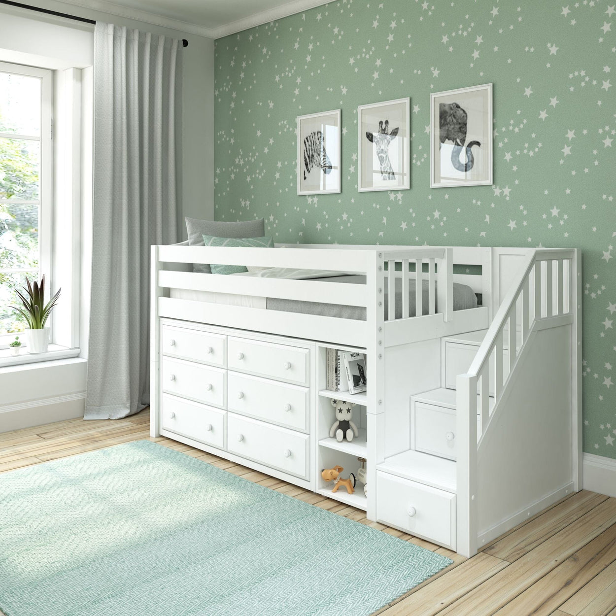 GREAT1 WC : Storage & Study Loft Beds Twin Low Loft Bed with Stairs + Storage, Curved, White