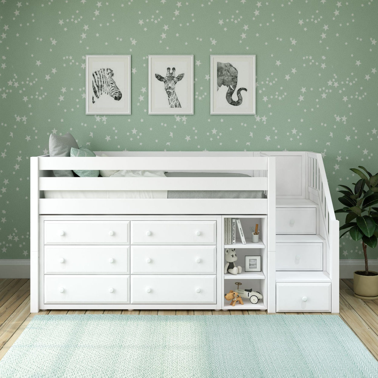 GREAT1 WP : Study Loft Beds Staircase Low Loft Bed with Bookshelf & 2 Dressers, Twin, Panel, White