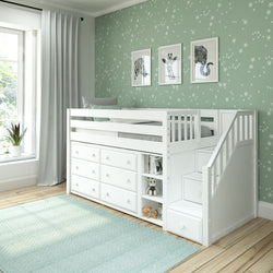 GREAT1 WP : Study Loft Beds Staircase Low Loft Bed with Bookshelf & 2 Dressers, Twin, Panel, White