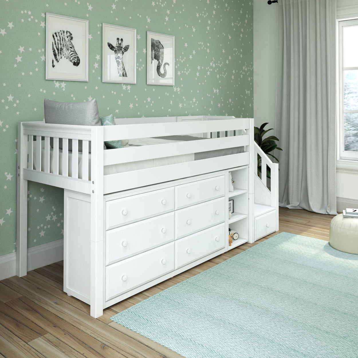 GREAT1 WS : Storage & Study Loft Beds Twin Low Loft Bed with Stairs + Storage, Slat, White