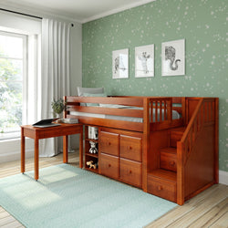 GREAT4 CP : Storage & Study Loft Beds Twin Low Loft Bed with Stairs, Storage + Desk, Panel, Chestnut