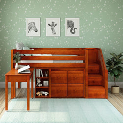 GREAT4 CP : Storage & Study Loft Beds Twin Low Loft Bed with Stairs, Storage + Desk, Panel, Chestnut