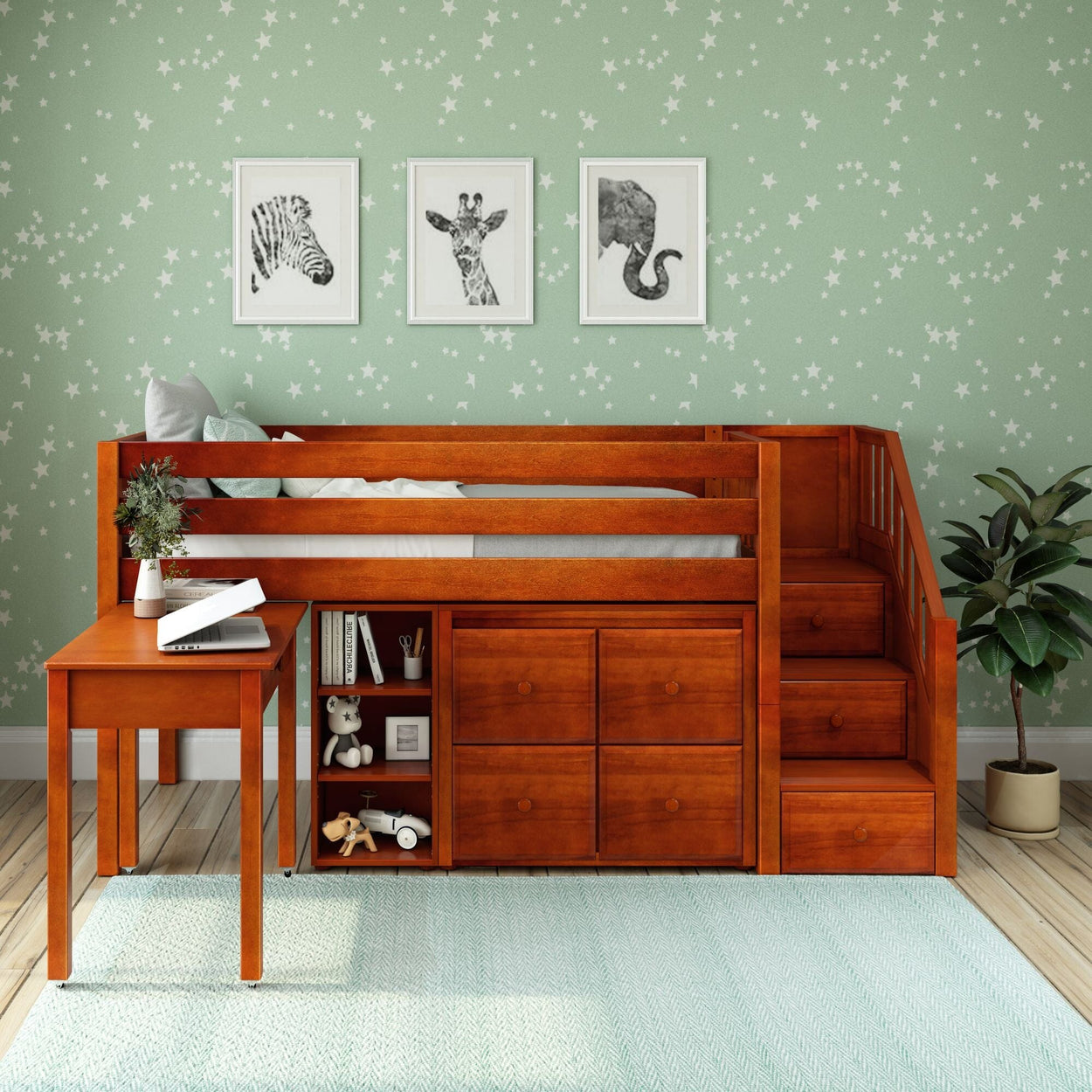 GREAT4 CS : Storage & Study Loft Beds Twin Low Loft Bed with Stairs, Storage + Desk, Slat, Chestnut