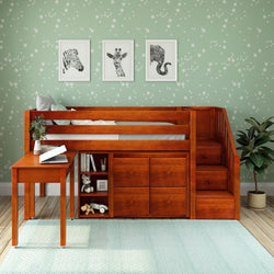 GREAT4 CS : Storage & Study Loft Beds Twin Low Loft Bed with Stairs, Storage + Desk, Slat, Chestnut