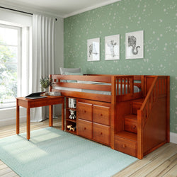 GREAT4 CS : Storage & Study Loft Beds Twin Low Loft Bed with Stairs, Storage + Desk, Slat, Chestnut