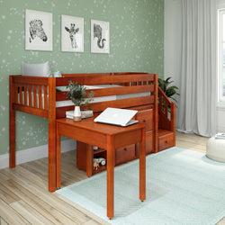 GREAT4 CS : Storage & Study Loft Beds Twin Low Loft Bed with Stairs, Storage + Desk, Slat, Chestnut