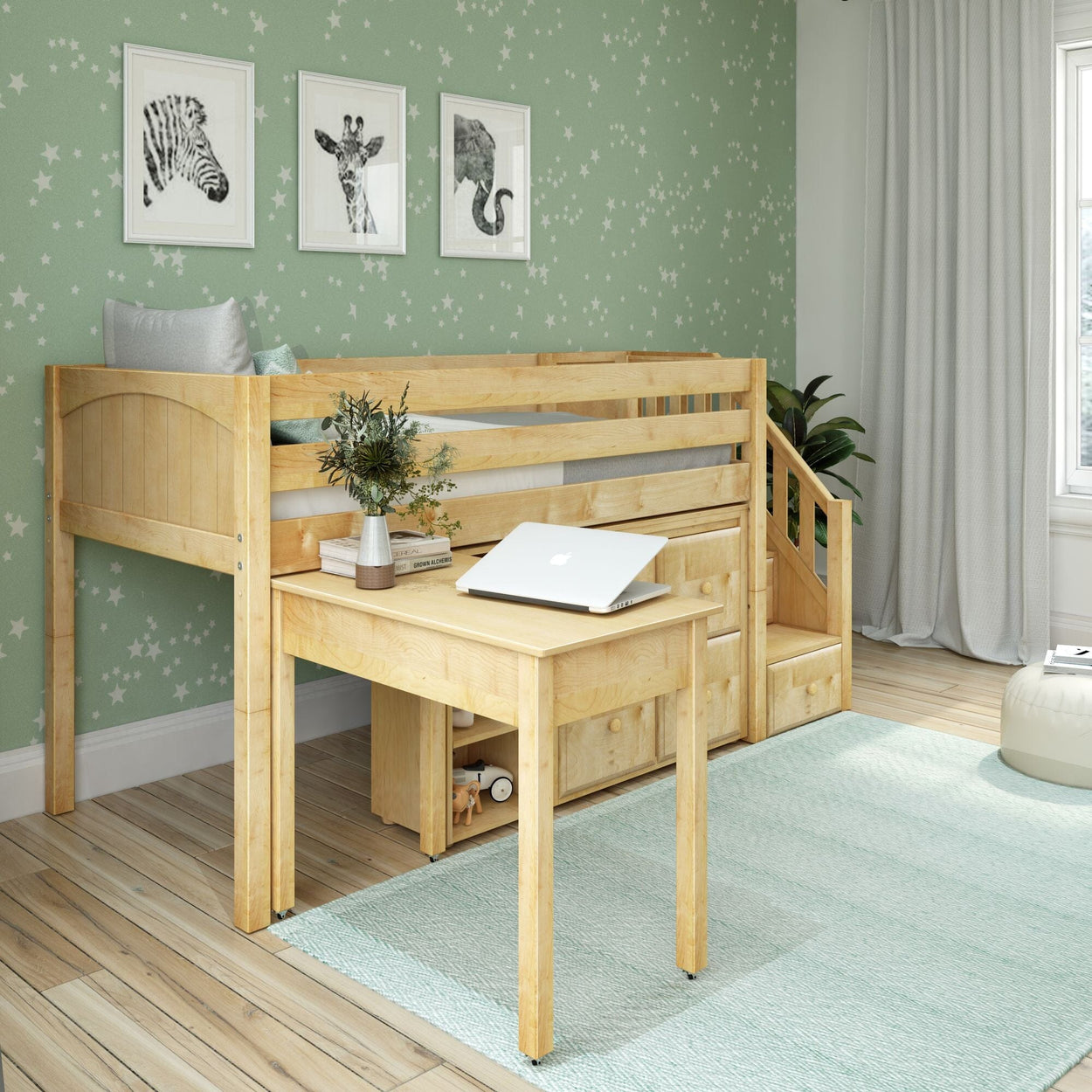 GREAT4 NP : Study Loft Beds Twin Low Loft Bed with Stairs, Storage + Desk, Panel, Natural