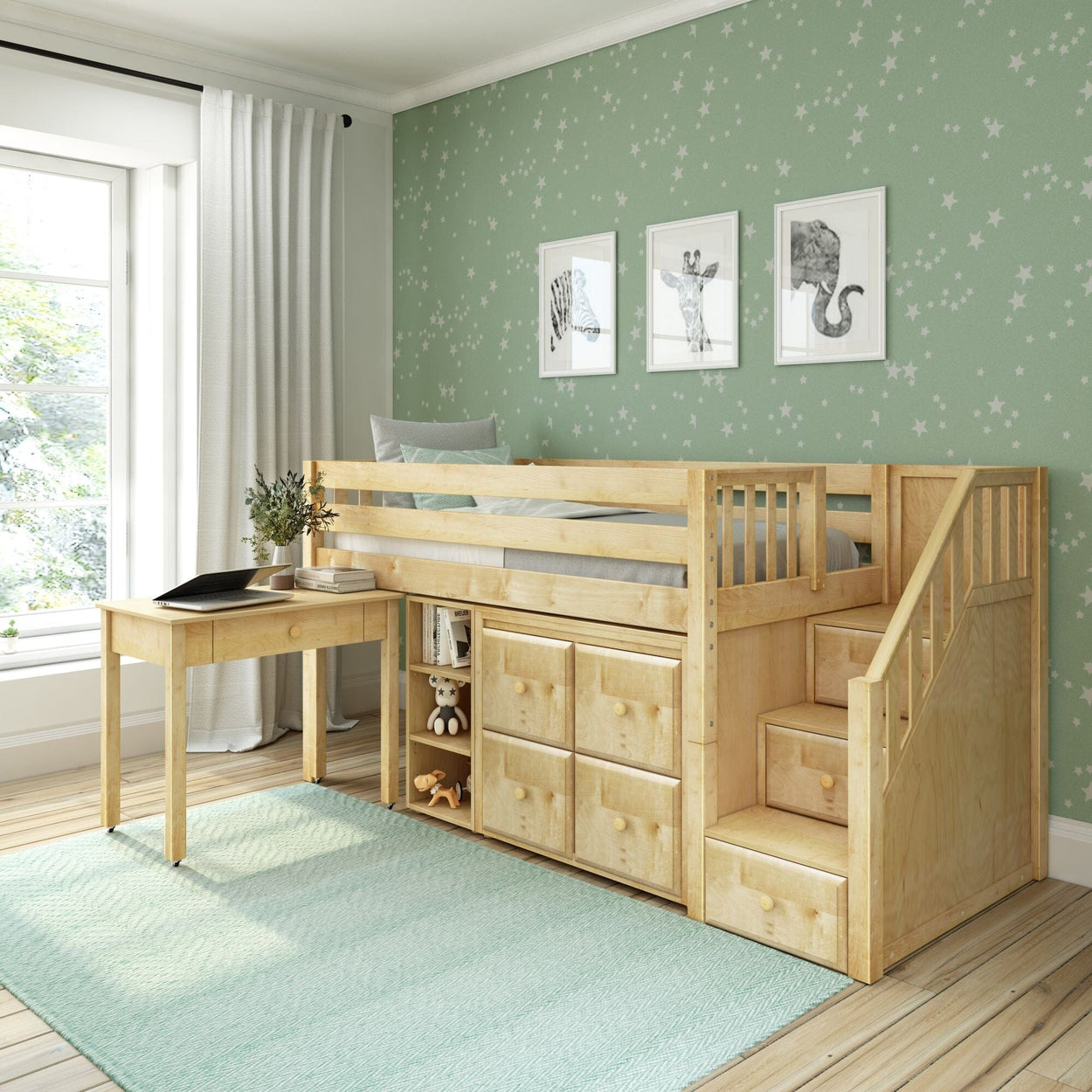 GREAT4 NS : Study Loft Beds Twin Low Loft Bed with Stairs, Storage + Desk, Slat, Natural