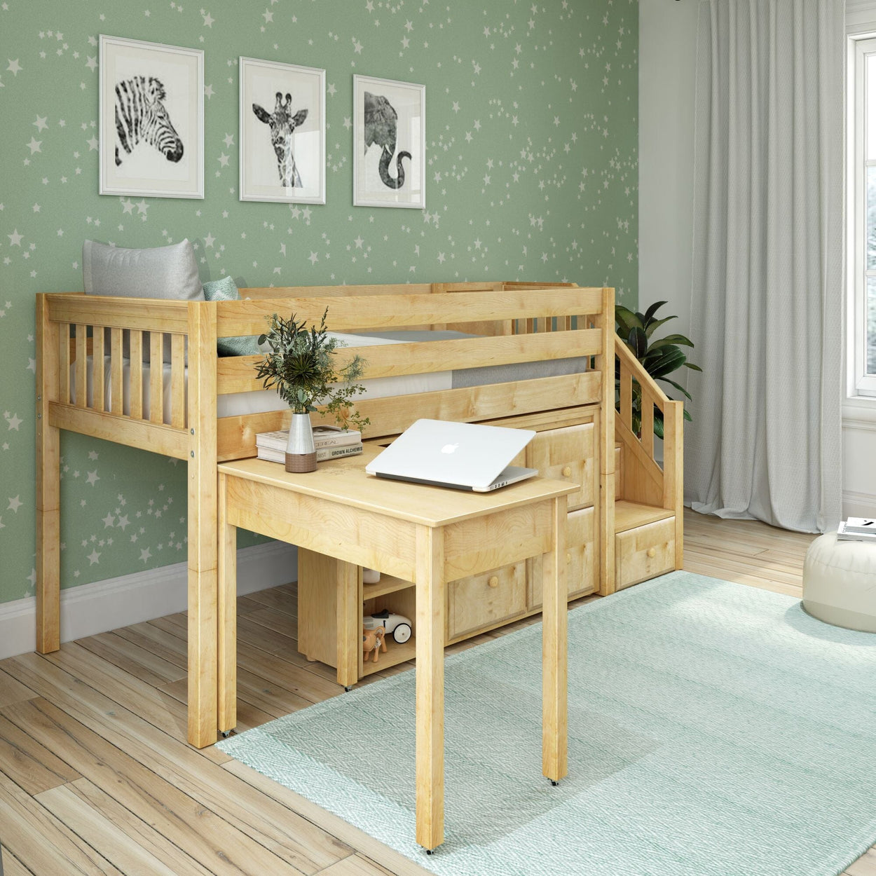 GREAT4 NS : Study Loft Beds Twin Low Loft Bed with Stairs, Storage + Desk, Slat, Natural