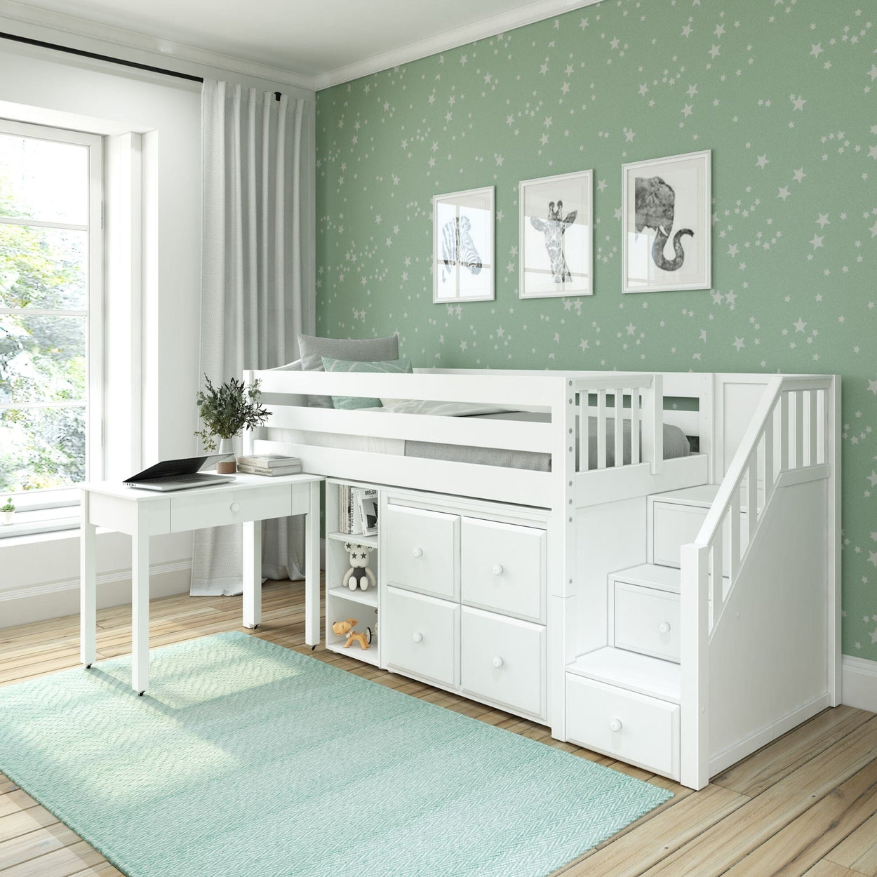 GREAT4 WC : Storage & Study Loft Beds Twin Low Loft Bed with Stairs, Storage + Desk, Curved, White