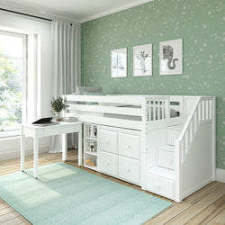 GREAT4 WC : Storage & Study Loft Beds Twin Low Loft Bed with Stairs, Storage + Desk, Curved, White