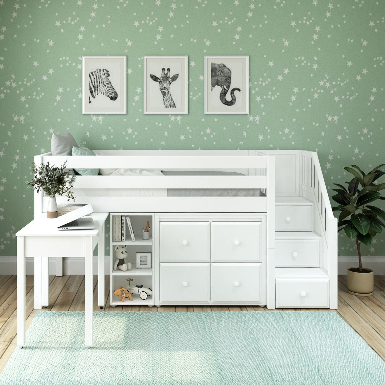 GREAT4 WS : Storage & Study Loft Beds Twin Low Loft Bed with Stairs, Storage + Desk, Slat, White