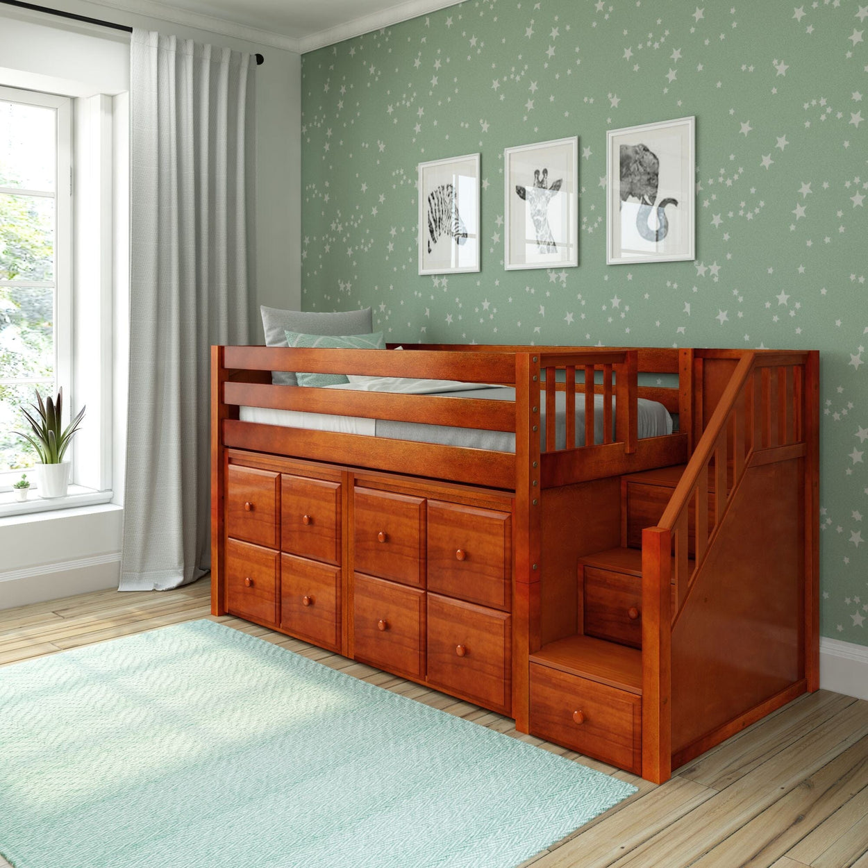 GREAT5 CP : Study Loft Beds Twin Low Loft Bed with Stairs + Storage, Panel, Chestnut