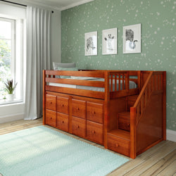 GREAT5 CS : Study Loft Beds Twin Low Loft Bed with Stairs + Storage, Slat, Chestnut