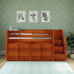 GREAT5 CS : Storage & Study Loft Beds Twin Low Loft Bed with Stairs + Storage, Slat, Chestnut